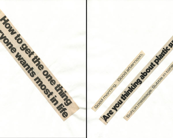 Haiku Diptych 2. Studio sketch. Two panels selected from Cutting Out the New York Times (CONYT), 1977, as model for new diptych in Cutting Out CONYT, 1977/2017. Original newsprint cut-outs collaged on rag bond paper by conceptual artist Lorraine O’Grady.