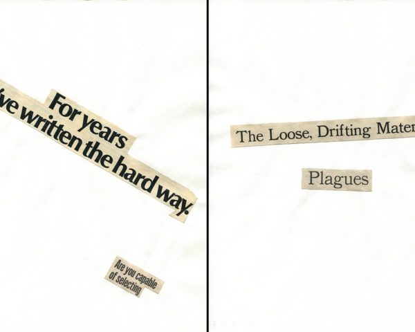 Haiku Diptych 10. Studio sketch. Two panels selected from Cutting Out the New York Times (CONYT), 1977, as model for new diptych in Cutting Out CONYT, 1977/2017. Original newsprint cut-outs collaged on rag bond paper by conceptual artist Lorraine O’Grady.