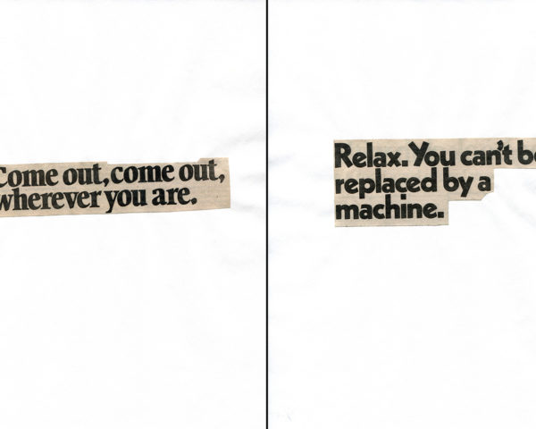 Haiku Diptych 12. Studio sketch. Two panels selected from Cutting Out the New York Times (CONYT), 1977, as model for new diptych in Cutting Out CONYT, 1977/2017. Original newsprint cut-outs collaged on rag bond paper by conceptual artist Lorraine O’Grady.