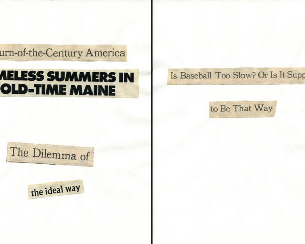 Haiku Diptych 14. Studio sketch. Two panels selected from Cutting Out the New York Times (CONYT), 1977, as model for new diptych in Cutting Out CONYT, 1977/2017. Original newsprint cut-outs collaged on rag bond paper by conceptual artist Lorraine O’Grady.
