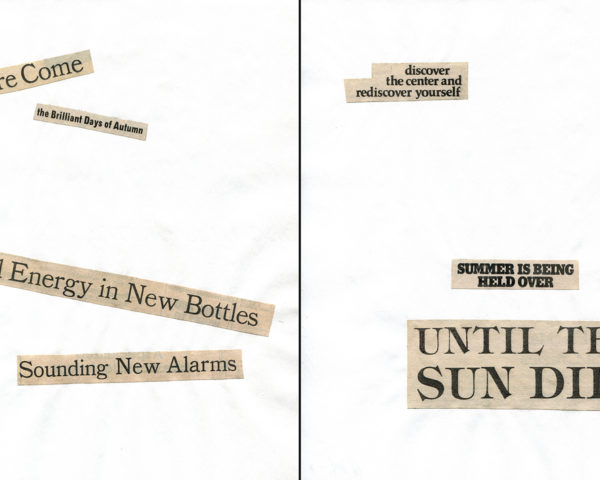 Haiku Diptych 19. Studio sketch. Two panels selected from Cutting Out the New York Times (CONYT), 1977, as model for new diptych in Cutting Out CONYT, 1977/2017. Original newsprint cut-outs collaged on rag bond paper by conceptual artist Lorraine O’Grady.