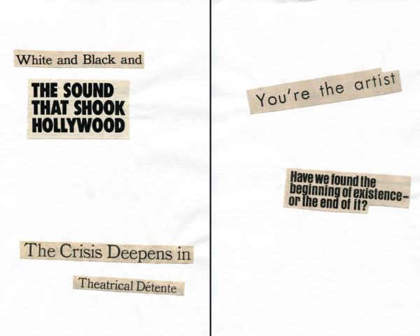 Haiku Diptych 20. Studio sketch. Two panels selected from Cutting Out the New York Times (CONYT), 1977, as model for new diptych in Cutting Out CONYT, 1977/2017. Original newsprint cut-outs collaged on rag bond paper by conceptual artist Lorraine O’Grady.