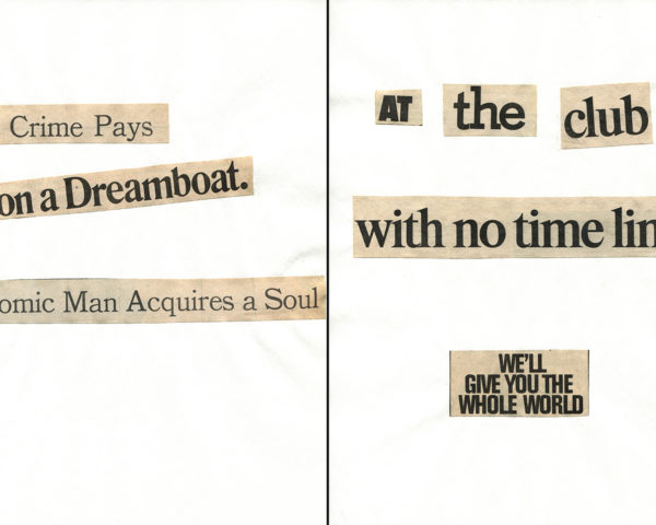 Haiku Diptych 21. Studio sketch. Two panels selected from Cutting Out the New York Times (CONYT), 1977, as model for new diptych in Cutting Out CONYT, 1977/2017. Original newsprint cut-outs collaged on rag bond paper by conceptual artist Lorraine O’Grady.