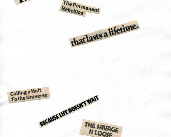 Statement 26. Studio work scan of panel selected from Cutting Out the New York Times (CONYT), 1977, as model for Statement panel in Cutting Out CONYT, 1977/2017. Newsprint cut-outs collaged on rag bond paper by conceptual artist Lorraine O’Grady.
